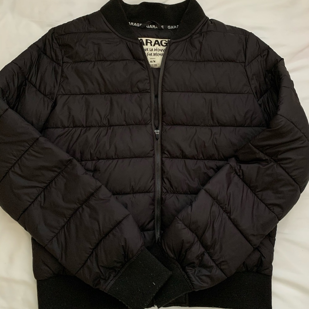 garage black puffy bomber jacket